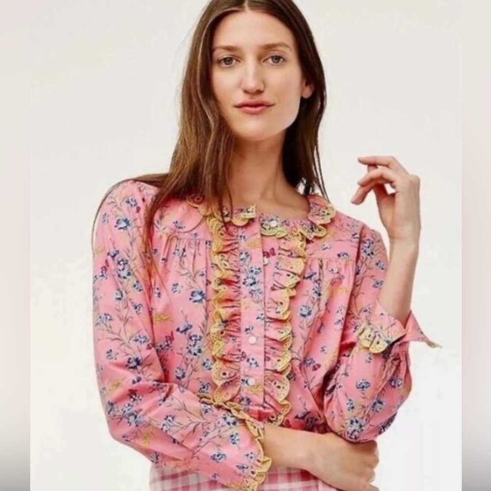 J. Crew Liberty Fabric Wheat Boutique Print Poplin Ruffle Top Size XS